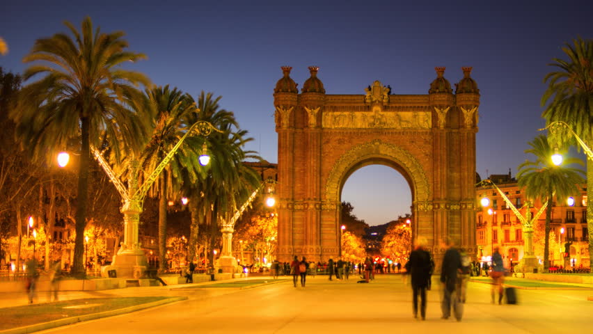 View of Arc de Triomf, illuminated at night, Barcelona, Spain