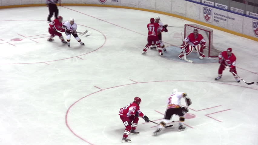 MOSCOW - JANUARY 15: Hockey players ram goal in gates on hockey match "Spartak"-"Severstal" (Cherepovets) in sports palace "Sokolniki" January 15, 2009 in Moscow, Russia.  