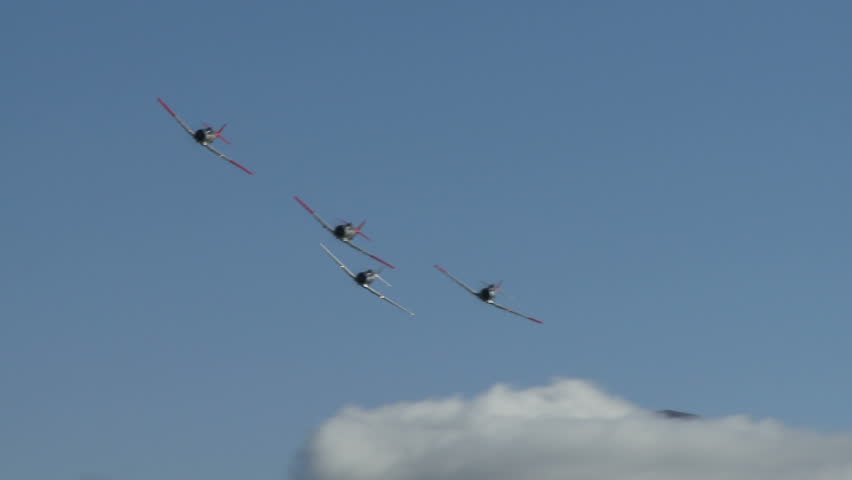 Four ship T6 Harvards in formation flight with exhaust vapour trail