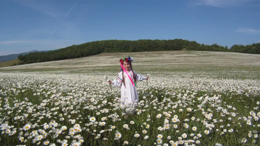 Ukrainian girl in a traditional dress against a rural scenery.