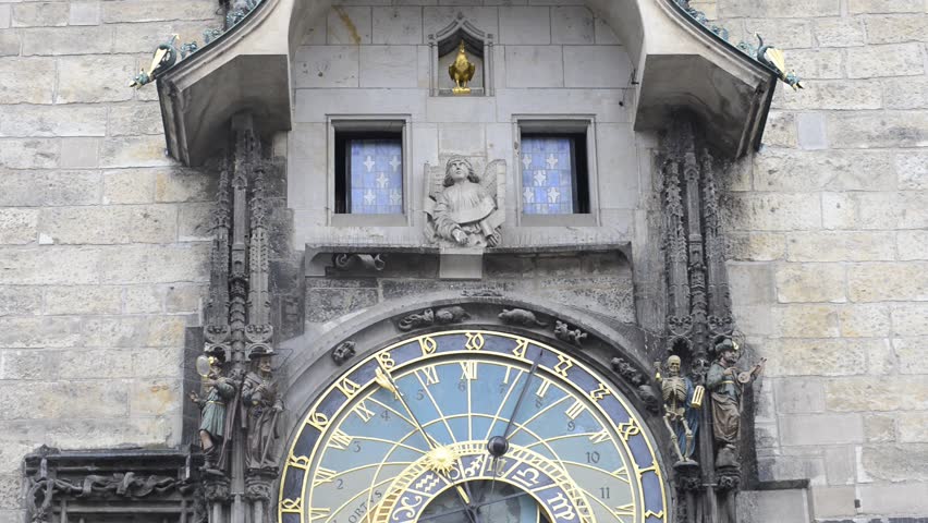 Ceremony with twelve apostles and four figures presented every hour as part of Prague Astronomical Clock located on the southern wall of the Old Town City Hall in the Old Town Square.