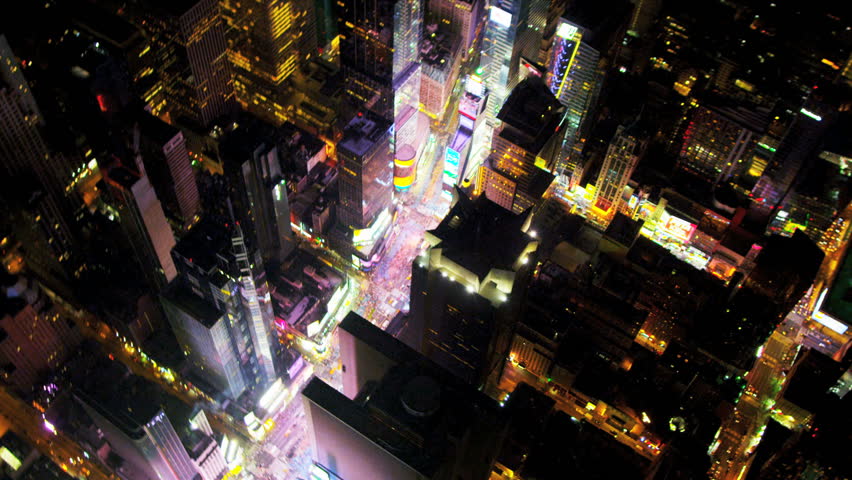 Aerial view of Times Square and Broadway illuminated at night, Manhattan, New York, USA