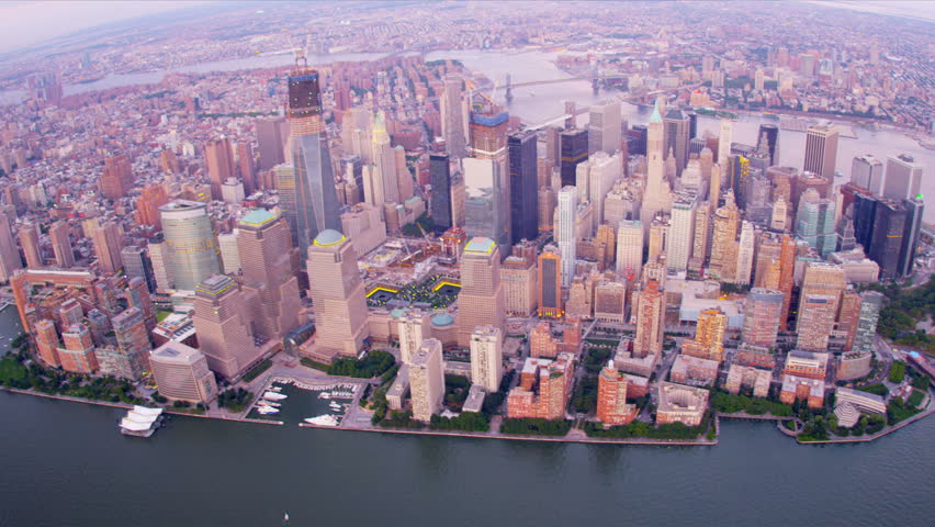 Aerial view Manhattan Downtown Financial District, 1 WTC, Brooklyn and Manhattan Bridges, New York, USA