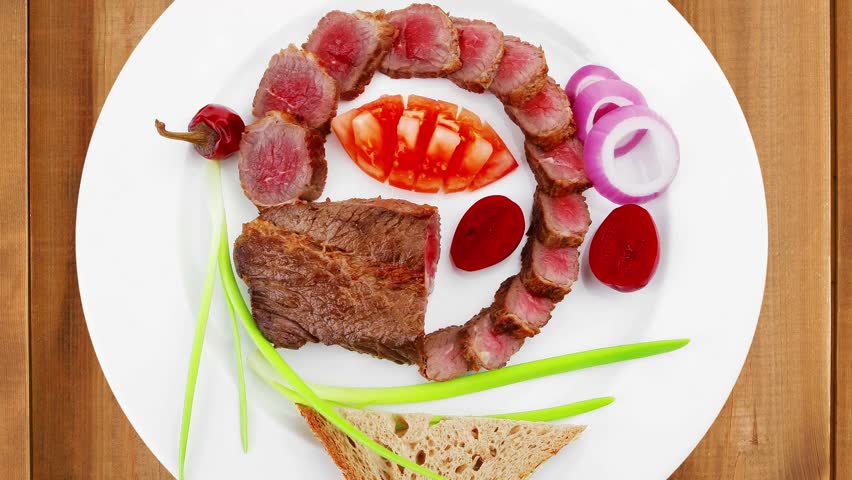 meat savory : roasted bbq meat served on white plate with tomatoes sprouts and bread slow motion hidef