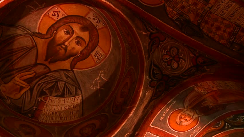 CAPPADOCIA, TURKEY, 2012 Low angle view of Christian painted ceilings in a cave near Cappadocia, Turkey.