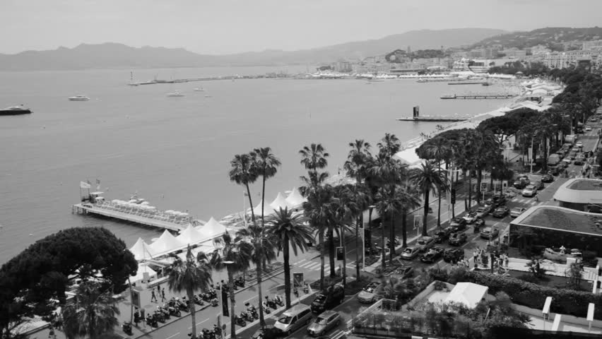 Black and white view of the riviera in Cannes, France