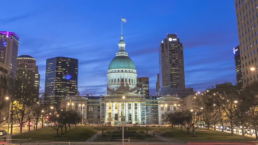 ST. LOUIS, MO - NOV 28: Timelapse St. Louis Old Courthouse building and Memorial Drive at twilight on November 28, 2012 in St. Louis, USA