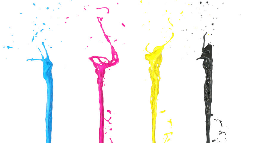 CMYK ink splashes in slow motion, isolated on white (FULL HD)
