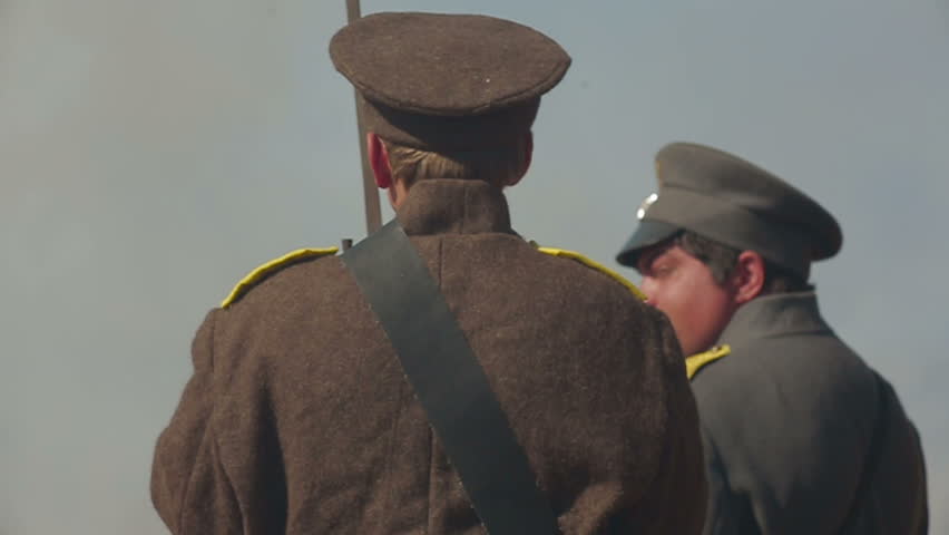 CRIMEA, UKRAINE â SEPTEMBER 29, 2012: Russian troops in the rear during reenactment of Battle of Alma (Crimean War 1853 - 1856) on a historical festival in Crimea.