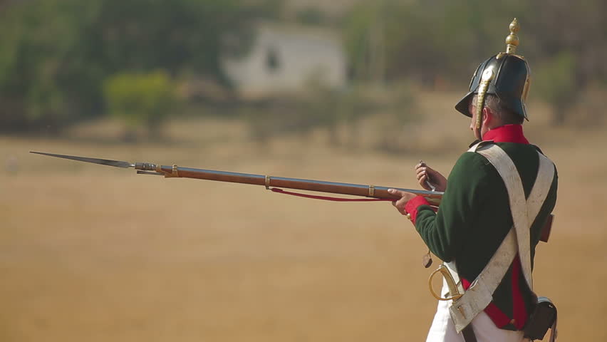 CRIMEA, UKRAINE â SEPTEMBER 29, 2012: Russian soldier with a rifle during reenactment of Battle of Alma (Crimean War 1853 - 1856) on a historical festival in Crimea. 