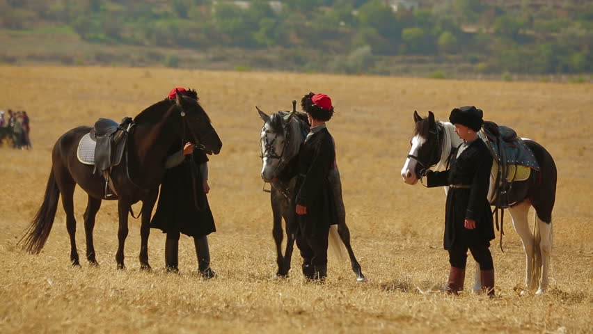 CRIMEA, UKRAINE â SEPTEMBER 29, 2012: Russian cavalry during reenactment of Battle of Alma (Crimean War 1853 - 1856) on a historical festival in Crimea.