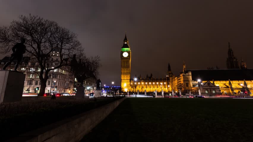 LONDON Circa 2013: Hyper Lapse - Time Lapse  movement,  Westminster and Big Ben by night, with Traffic and clouds in London.