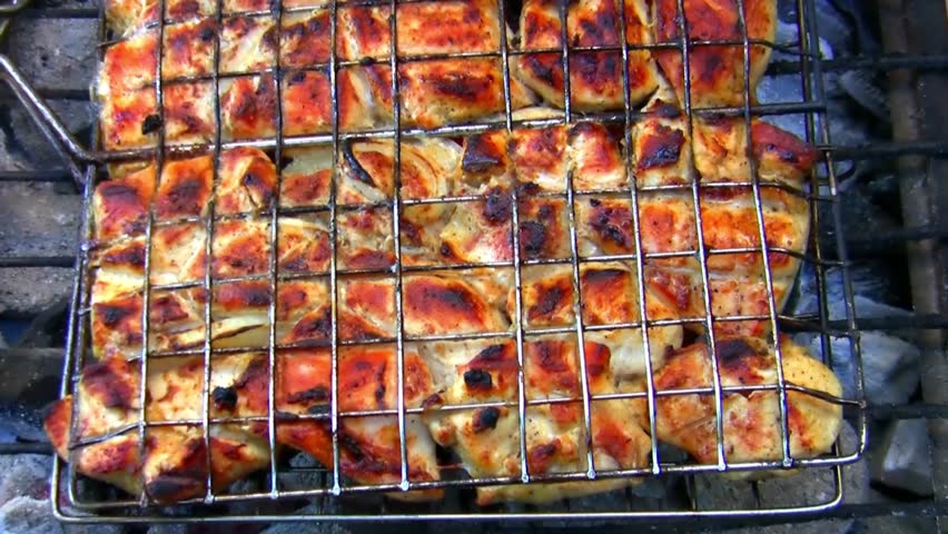 fresh roast chicken shish kebab on grill fire hidef slow motion