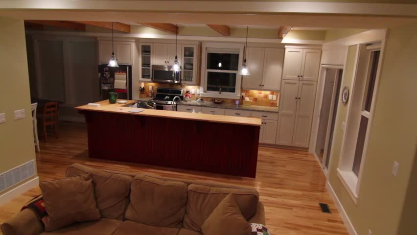 The interior kitchen and dining room of a beautiful country home.