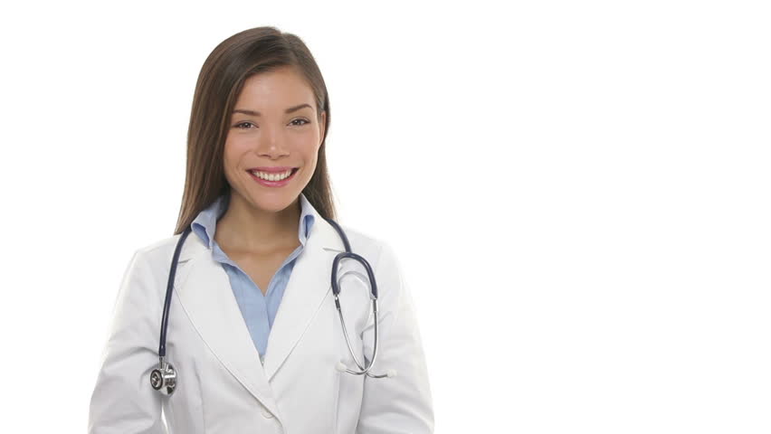 Medical woman doctor knocking on screen and waving hello for attention of viewer. Young Medical professional smiling happy in lab coat wearing stethoscope on white background. Asian / Caucasian female