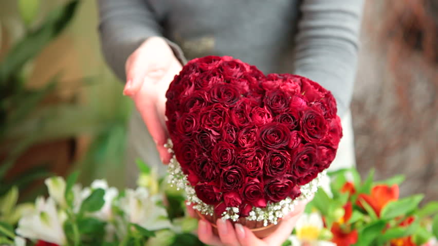 Florist Arranging Valentines Day Rose Heart Bouquet Closeup