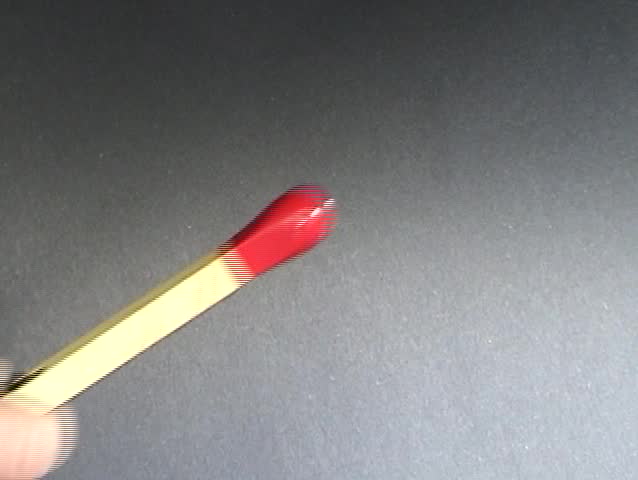 Big Close Up "aka BCU" of a human hand lighting a propane lighter in the shape of a wooden match with his hand With Sound