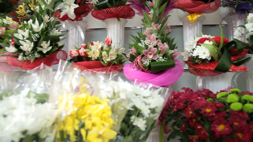 Fresh Flower Arrangements In Florist Shop, Pan Shot