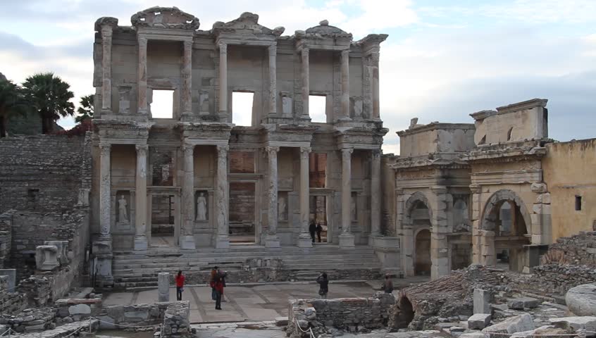 Facade of library and ruins in Ephesus, Turkey