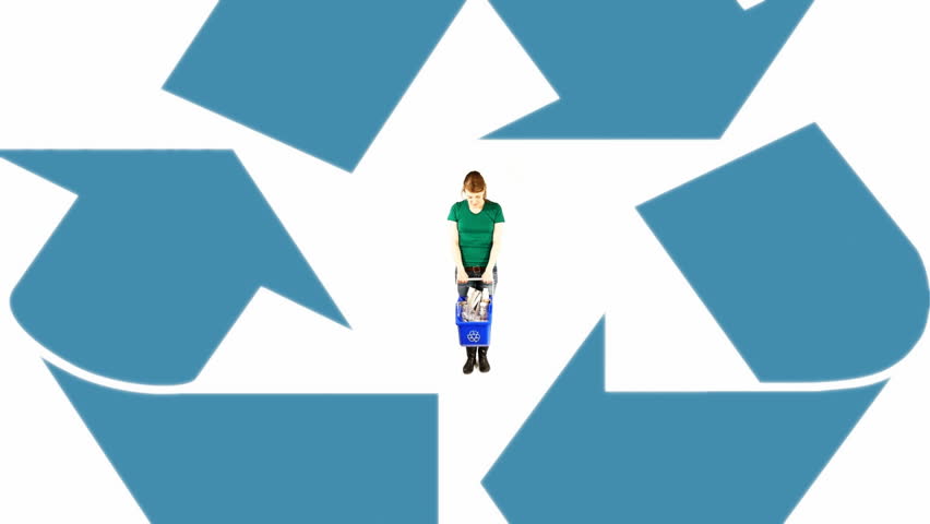 Woman in a white background holding a recycle bin with animatd illustrations around herself.
