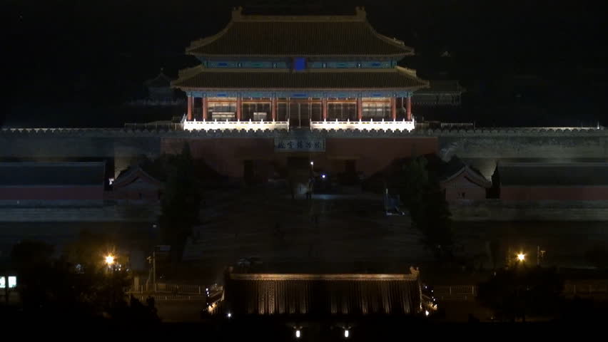 BEIJING, CHINA - APRIL 25, 2012, Fast motion of Aerial view of the Gate of Divine Might by night, Forbidden City