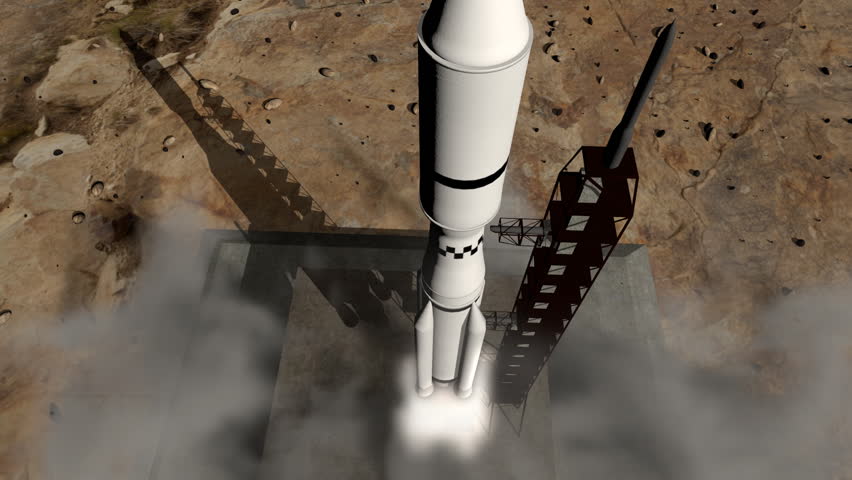 Close-up of a rocket launch to space. Detailed animation with dynamic smoke and exhaust.