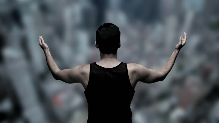 male model powerful superhero winning pose cityscape
