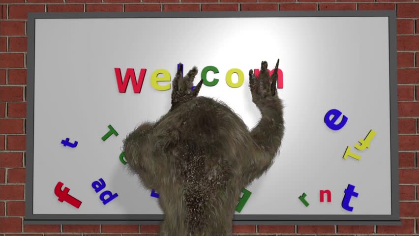 Welcome Green Troll  - This is a video of a green furry troll 3d character walking to a whiteboard and using magnetic letters to spell out âWelcomeâ