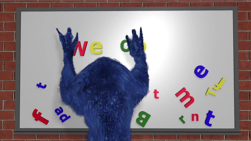 Welcome Blue Troll  - This is a video of a blue furry troll 3d character walking to a whiteboard and using magnetic letters to spell out âWelcomeâ