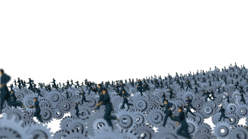 Metal Gears and Businessmans Running against white, Camera Fly Over, DOF
