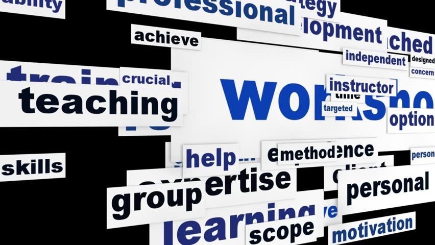 Workshop creative message design. Professional seminar word clouds concept