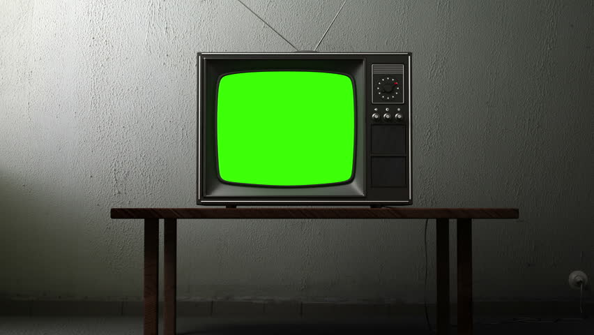 old TV with a green screen in the room, 3d animation