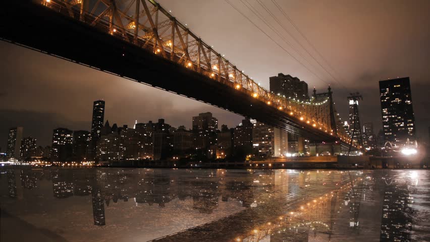 new york city nyc cityscape skyline night bridge east river view manhattan water reflection usa east coast 1080 HD district panorama view traffic areal view big city 