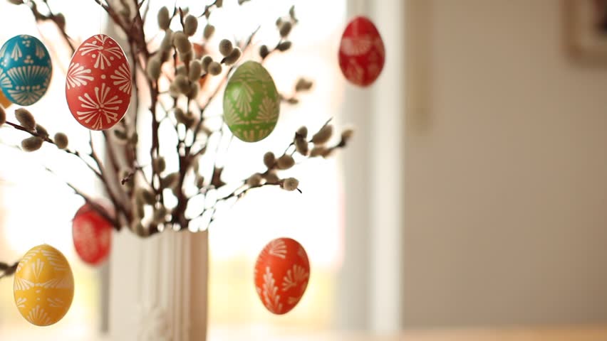 easter bouquet with colorful eggs and pussy willow