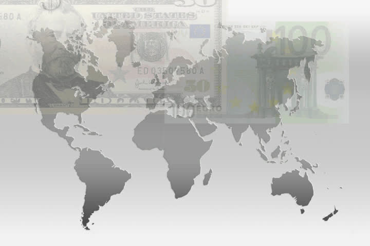 Dollar and Euro bills over gray world map
