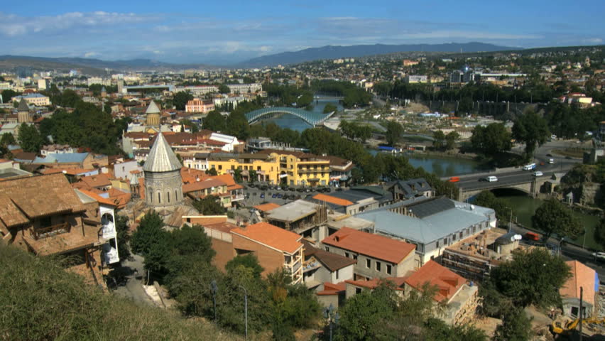View from Narikala fort towards City of Tbilisi, Mt k vari river and Metechi Bridge.