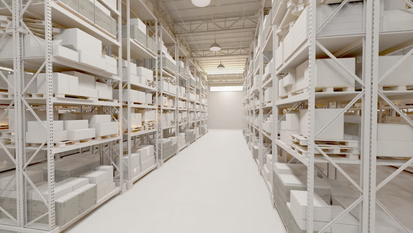 Warehouse interior 3d loopable animation. Camera is moving forward.