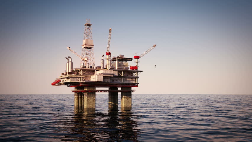 Oil platform on sea is offshore structure with facilities to drill wells, extract and process oil and natural gas and temporarily store produced goods until it can be brought to the shore for refining
