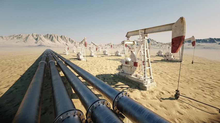 Oil pump jack rocking with pipeline in the background. Loopable animation.