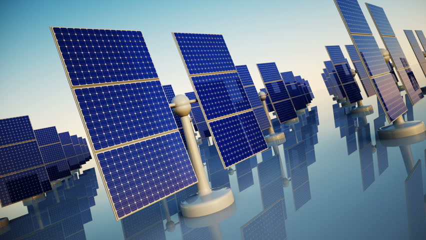 Animation of sunny solar panels in a solar power station.