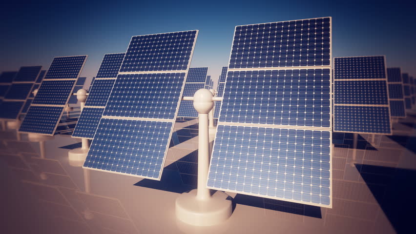 Animation of sunny solar panels in a solar power station under a clear blue sky