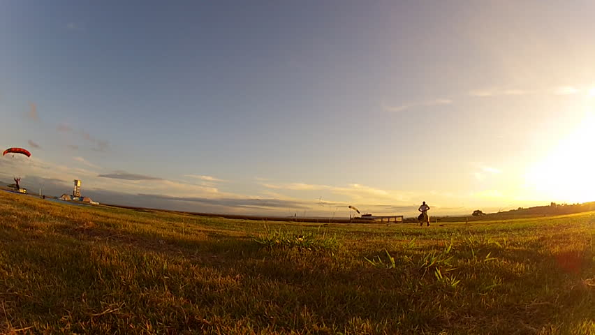 Skydive landing at sunset