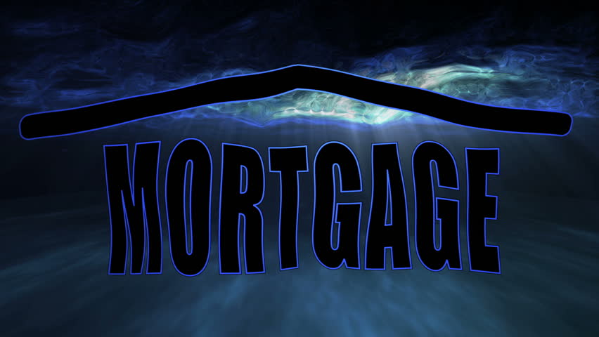 The words underwater mortgage with a roof on top so that it's in the shape of a house floating towards the viewer underneath the ocean.