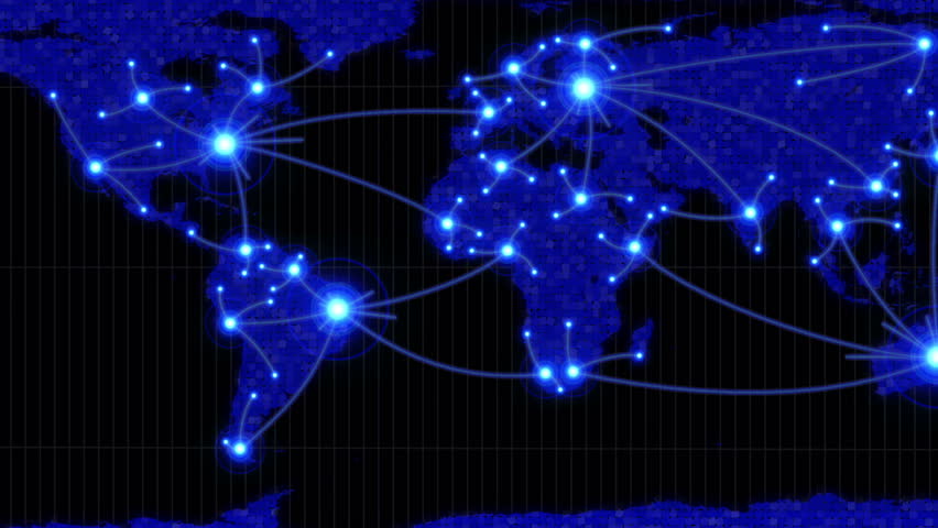 Lines showing countries connecting on world map in black and blue