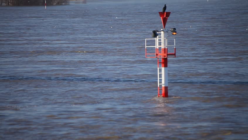 Navigation beacon on Rhine river, off Dusseldorf, Germany.
