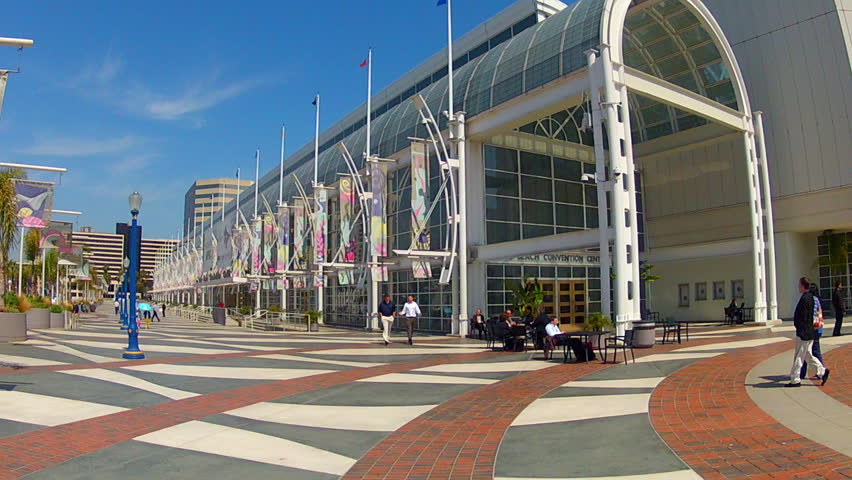 LONG BEACH, CA - APRIL 2, 2013: The Long Beach Convention Center with people milling on the entrance plaza circa 2013 in Long Beach. Long Beach is a major destination for conventions and tourists.