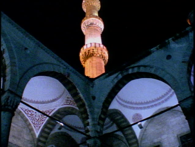 Istanbul at night with traffic, mosques, minarets
