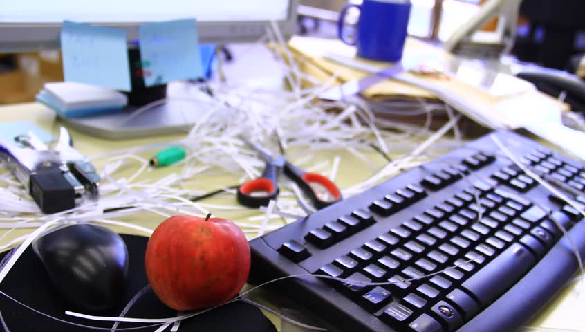 Chaotic mess in the business office.