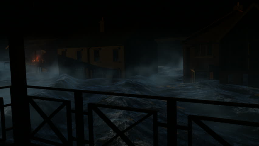 Natural Disaster:  The ocean floods a coastal area starting fires and destroying homes   (based on hurricane Sandy's wrath). 