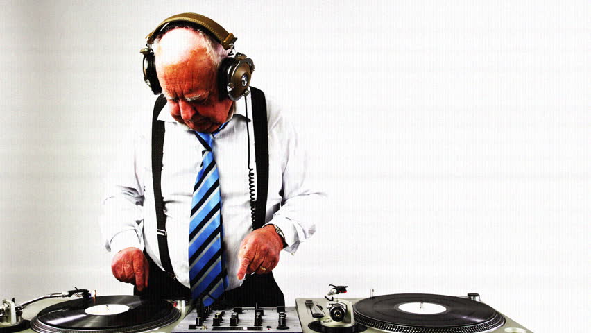 a very funky elderly grandpa dj mixing records
